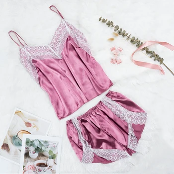 

Women's Sleepwear Sexy Satin Pajama Set White Lace Fashion V-Neck Pyjamas Sleeveless Cute Cami Top and Shorts Summer Nightgown