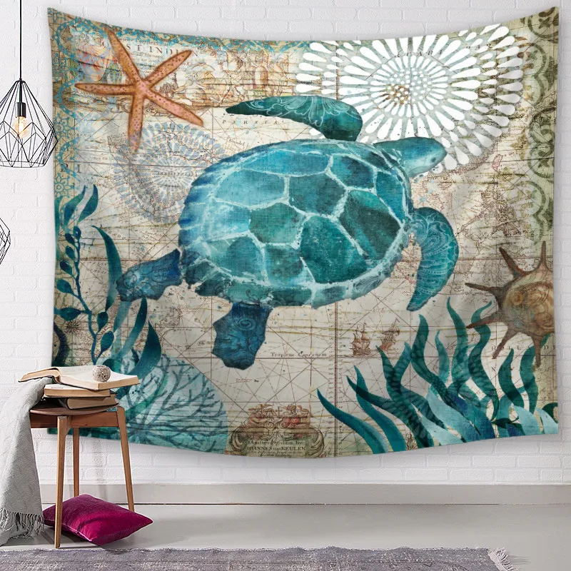 Marine Style Sea Turtle Wall Tapestry Sea Horse Pattern Home Decorative