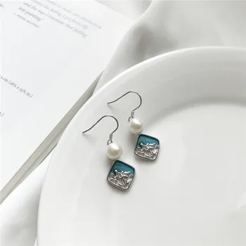 

POFUNUO 925 Sterling Silver Women Delicate Wedding Earrings Classic Blue Sky Sea Wave Topic Lovers Jewelry Pearl Stud Earrings