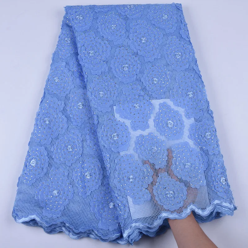 

Sky Blue African Cotton Lace Fabric High Quality 3d Flower French Lace Fabric With Stones For Nigerian Party Dress 1699
