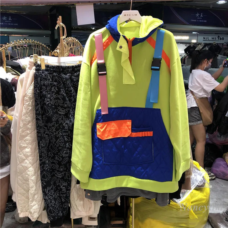 

Plus Size Sweatshirt Women Autumn and Winter New Loose Personality Fluorescent Color Large Pocket Thick Warm Long Hoodies Femme