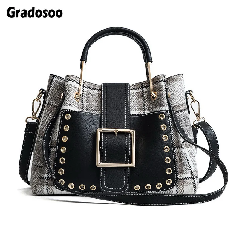 

Gradosoo Fashion Retro Plaid Bucket Bag Rivet Shoulder Bag For Women Handbag Panelled Large Capacity Tote Bag PU Leather LBF734