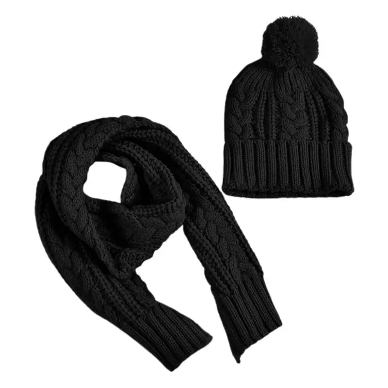 Черный Women Winter Chunky Braided Cable Knit Hat Scarf Set Cuffed Beanie Cap Shawl Y1AC - Цвет: Черный