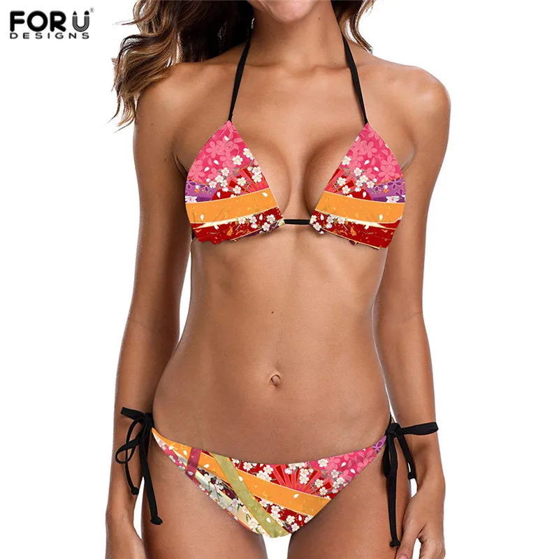 

FORUDESIGNS Women Summer Beachwear Koeran Style Floral Print Push-up Bra Bikini Set Two Piece Swim Suit Swimwear Bathing Suits