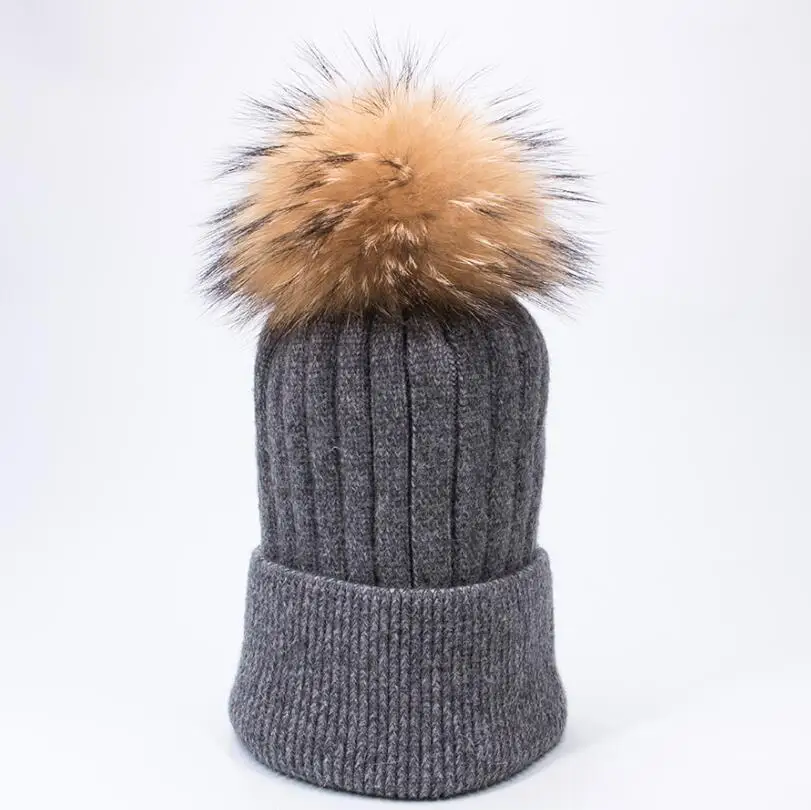 dark grey gold YCFUR Повседневная Женская Шапка-бини с меховым помпоном большого размера для дам, шерстяные шапки-бини, женские шапки - Цвет: dark grey gold