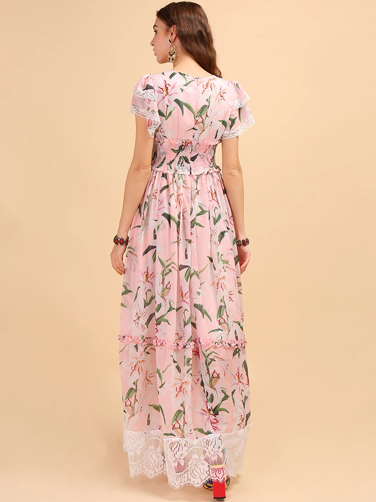 LD Linda della Осень Модное подиум макси платье Для женщин с эластичной резинкой на талии, с кружевными оборками, элегантное, с цветочными мотивами, Элегантное Длинное Платье