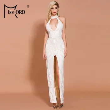 

Missord 2020 O Neck Off the Shoulder Sequins High Split Women Maxi Dresses Hallow Out Backless Women Summer Dresses FT19446