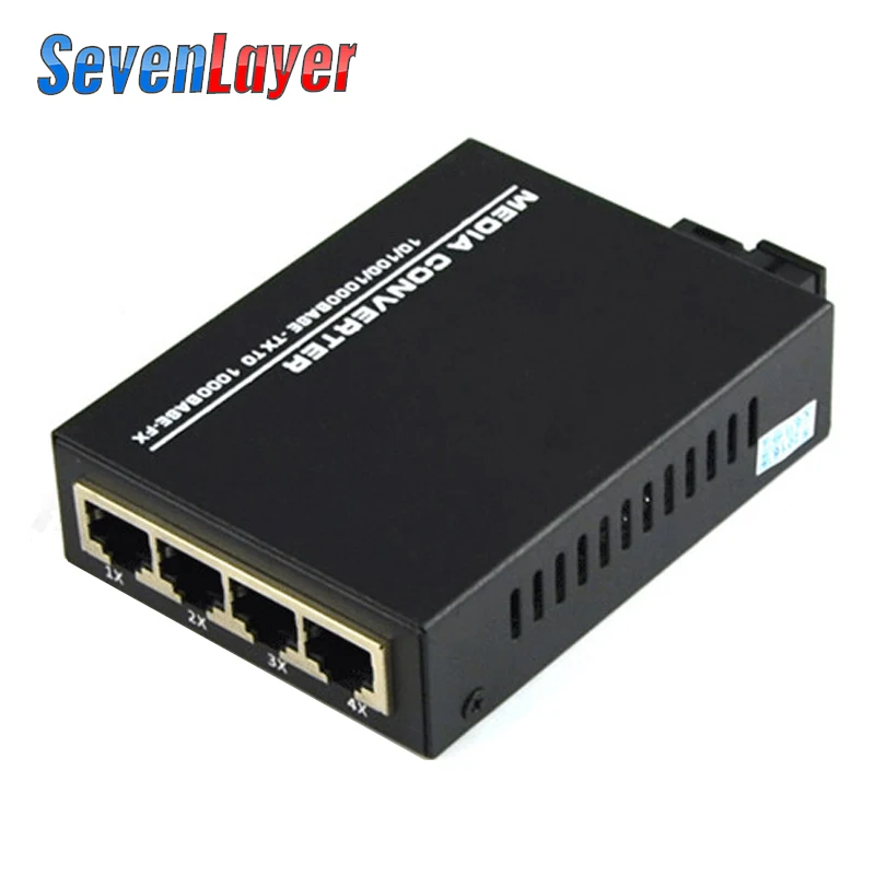 Convertidor de interruptor Ethernet rápido, convertidor de medios de fibra óptica, puerto de fibra 100G, 10/1000/1,25 M, 4 RJ45 1 SC