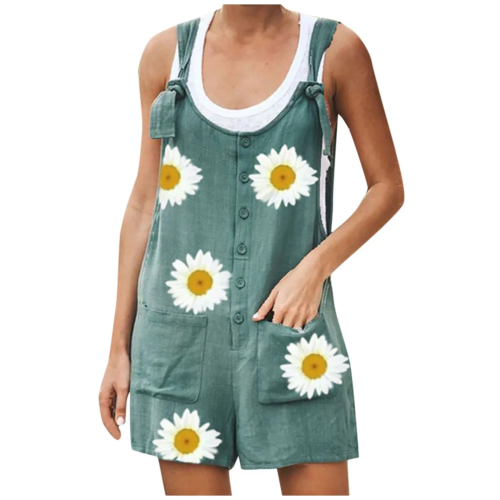 Monos de lino y algodón para mujer, petos informales con dibujo de Margarita, ropa cómoda con flores, forrado sin tirantes