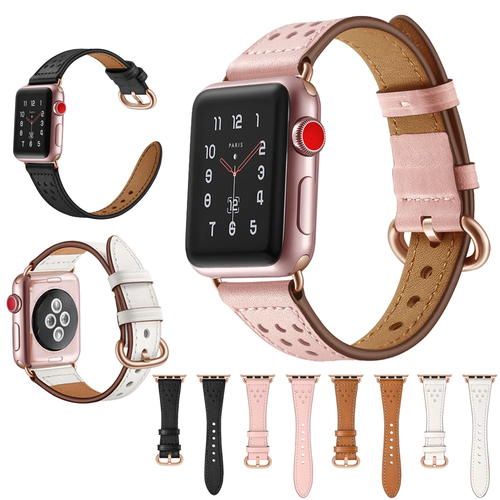 Кожаный ремешок для часов из розового золота с пряжкой Apple Watch 42/44/ 38/40 мм женские