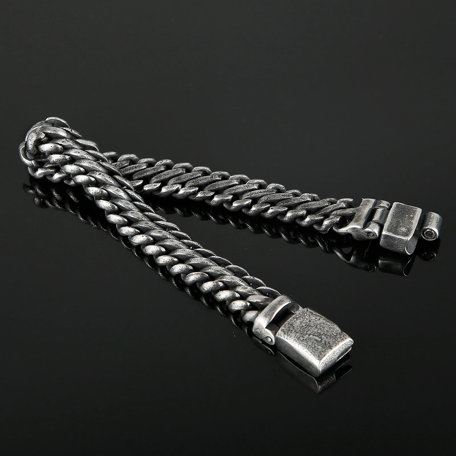 Fongten Men Steel Color Chain Series Darkness Jewelry Carving Shiny Simple Design Fashion Retro Punk Bracelet Handicraft Style