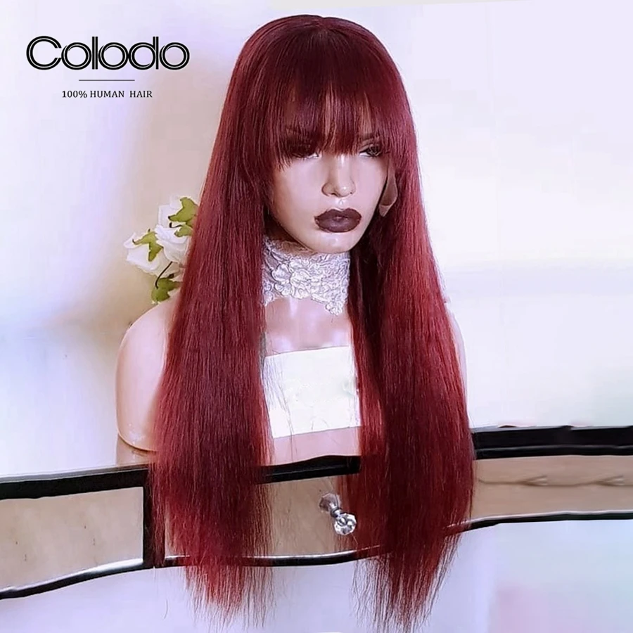 COLODO 99J парик фронта шнурка бесклеевая бразильская Remy прямые человеческие волосы парики с челкой 150% плотность бордовый красные парики для женщин