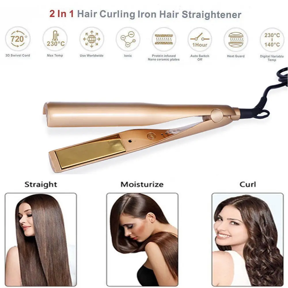 

2 in 1 Hair Curlers Straightener Perm Styling Rolloer Styler Curler Tools Wand Hair Curling & Straightening Iron Hair Styler