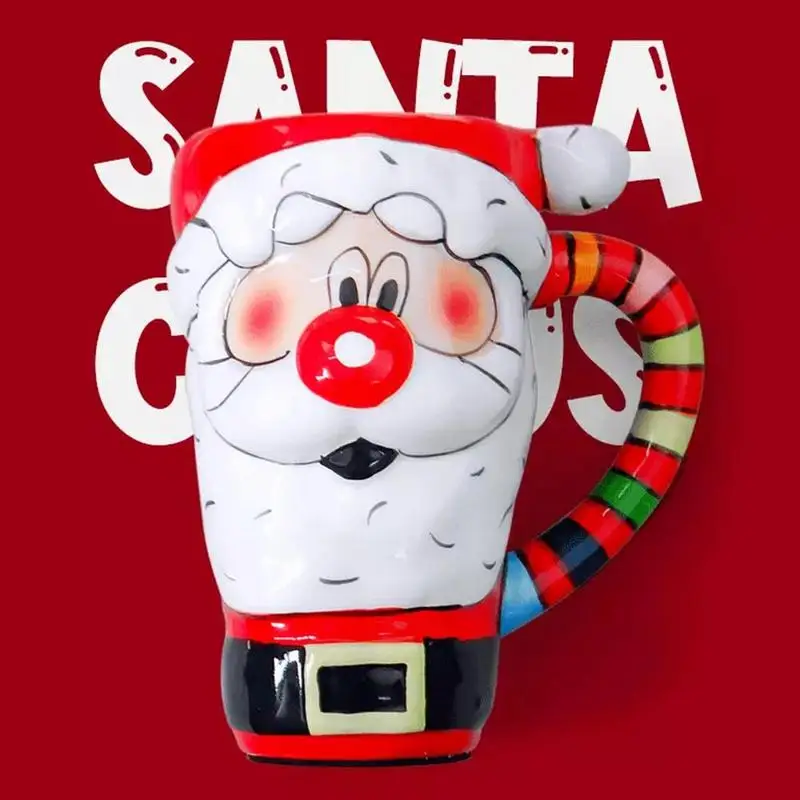 1pc 600ml Cartoon Santa Claus Elk Ceramic Mug with Stainless Steel Spoon Hand Painted Ceramic Breakfast Cup Christmas Gift