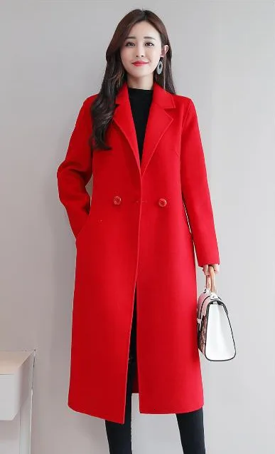 Winter Long Coat Women Wool Korean Overcoat Woolen Loose Winterjas Dames Red White Camel Turn Down Collar Female Coats - Цвет: red