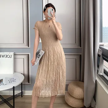 

WOMENGAGA Pleated Solid Dress 2020 New Solid Stand Collar Short Sleeve High Waist Loose Casual Thin Bouncy Female B243