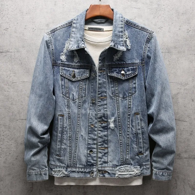 

New Casual Frayed Hole Animal Embroidery Men Denim Jackets 2020 Spring Fashion Harajuku Plus Size 4XL Jeans Coats Slim Outerwear