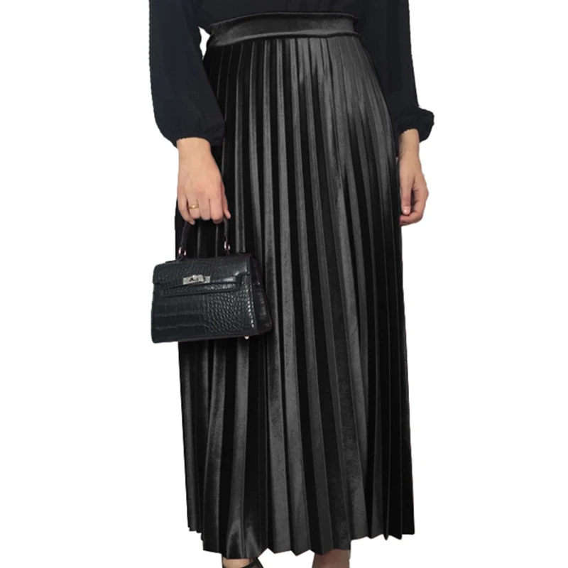 Siskakia, однотонная бархатная плиссированная юбка, длинная, Осень-зима, мусульманские женские макси юбки, модные, 6 цветов, юбка длиной до лодыжки, осенняя - Цвет: Black Skirt