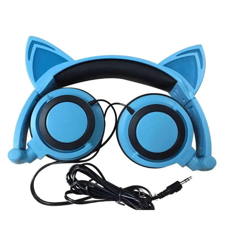 Foldable Portable Safe Wired Kids Gaming Headsets Glowing Cat Ears Headphones B95C