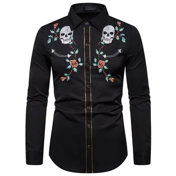 

Autumn 2019 all-seasons menswear black long-sleeve shirt casual and stylish skeleton head and rose embroidered long-sleeve shirt