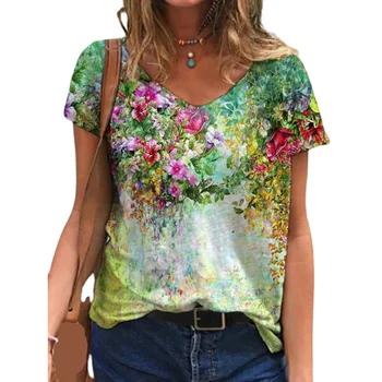 5XL Oversized Ladies Tops Women Plus Size Floral 3D Print T Shirt Loose V Neck