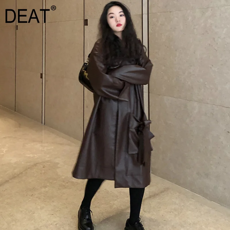 

DEAT 2020 new autumn and winter turn-down collar full sleeves single breasted PU leather bow pocket big jacket 19F-a157