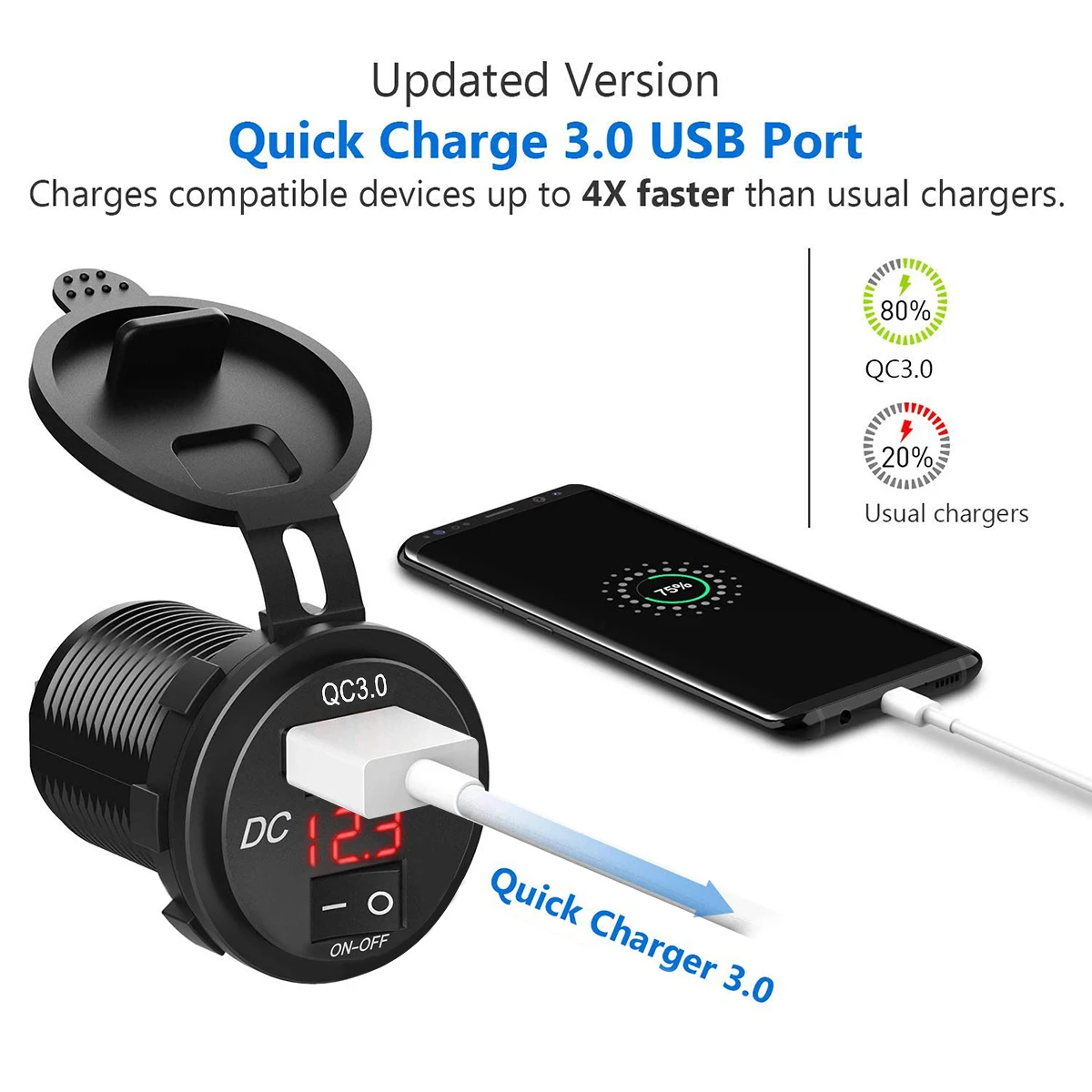 QC 3,0 USB Автомобильное зарядное устройство цифровой вольтметр дисплей usb зарядная розетка с переключателем ВКЛ-ВЫКЛ для мотоцикла автомобиля водонепроницаемое зарядное устройство