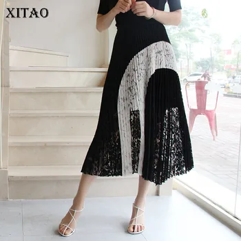 

XITAO Lace Irregular Color Matching Pleated Skirt Women 2020 Summer Fashion New Elegant Goddess Fan Medium Length Skirt ZP1058