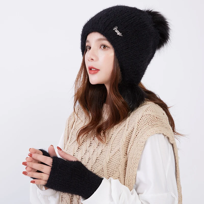 Hat gloves set 3 Женская зимняя шапка бини Толстая Теплая Флисовая шар-помпон шерстяная шапка с ушками верхняя одежда вязаная Повседневная шапка и перчатки - Цвет: Hat gloves set 3