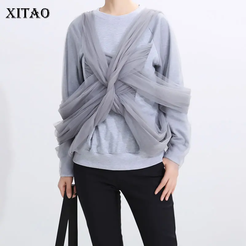 

XITAO Patchwork Mesh Cross Sweatshirt Women Clothes 2019 Fashion Match All Pullover Irregular Sweatshirt Top Autumn New GCC1299
