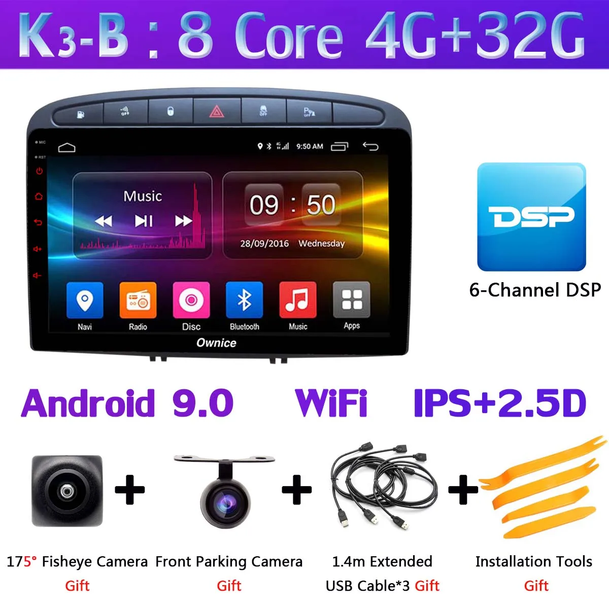 360 ° камера 4G WiFi Android 9,0 4G+ 64G gps радио CarPlay DSP автомобильный мультимедийный плеер для peugeot 308 308SW PG 408 Авто головное устройство - Цвет: K3-B