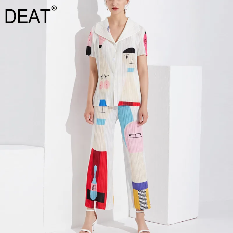 

DEAT 2019 New Summer Fashion Women Printed Turn-down Half Sleeves Shirt And Straight Loose Pants Set Pleated WG93000