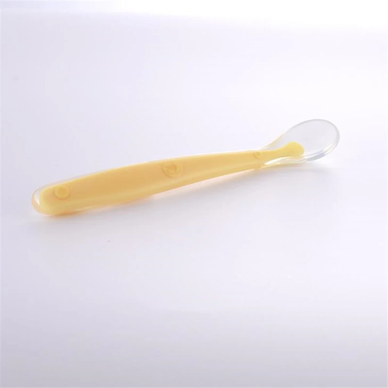 yellow Детские Ложки, посуда для кормления, детская посуда, столовые приборы, ложка, силиконовые инструменты-для-Лоскутная партия, суповая ложка - Цвет: yellow
