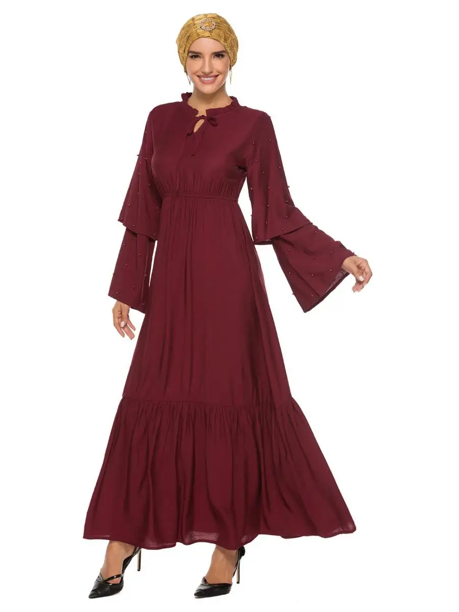 Мусульманское Женское Платье макси с расклешенными рукавами abaya, плиссированное платье-кафтан, коктейльное платье с длинными рукавами и