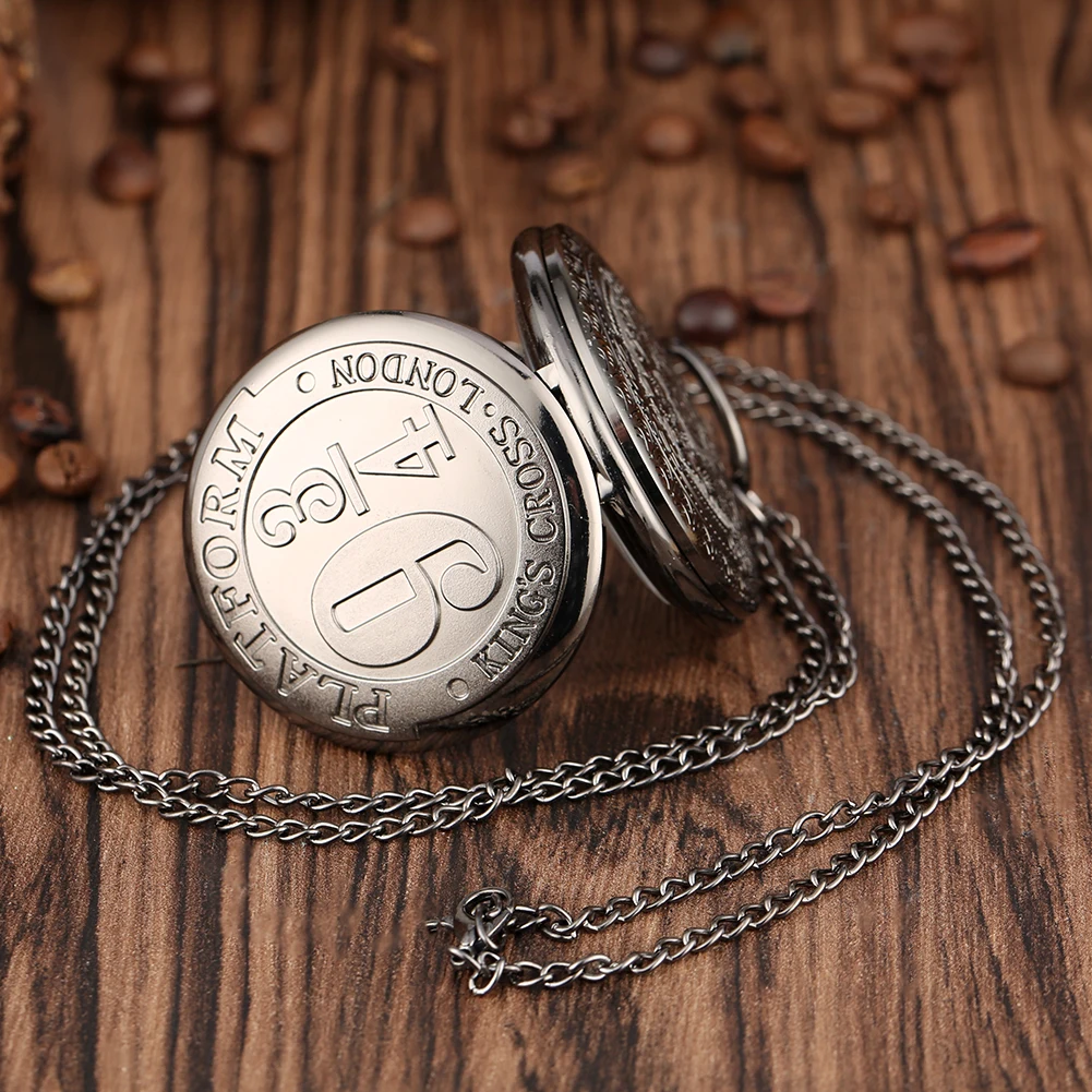Retro Harry Acceaory 9 3/4 Black Pocket Watch for Men Nine and Three Quarters Pattern for Boys Alloy Slim Chian Girls Necklace