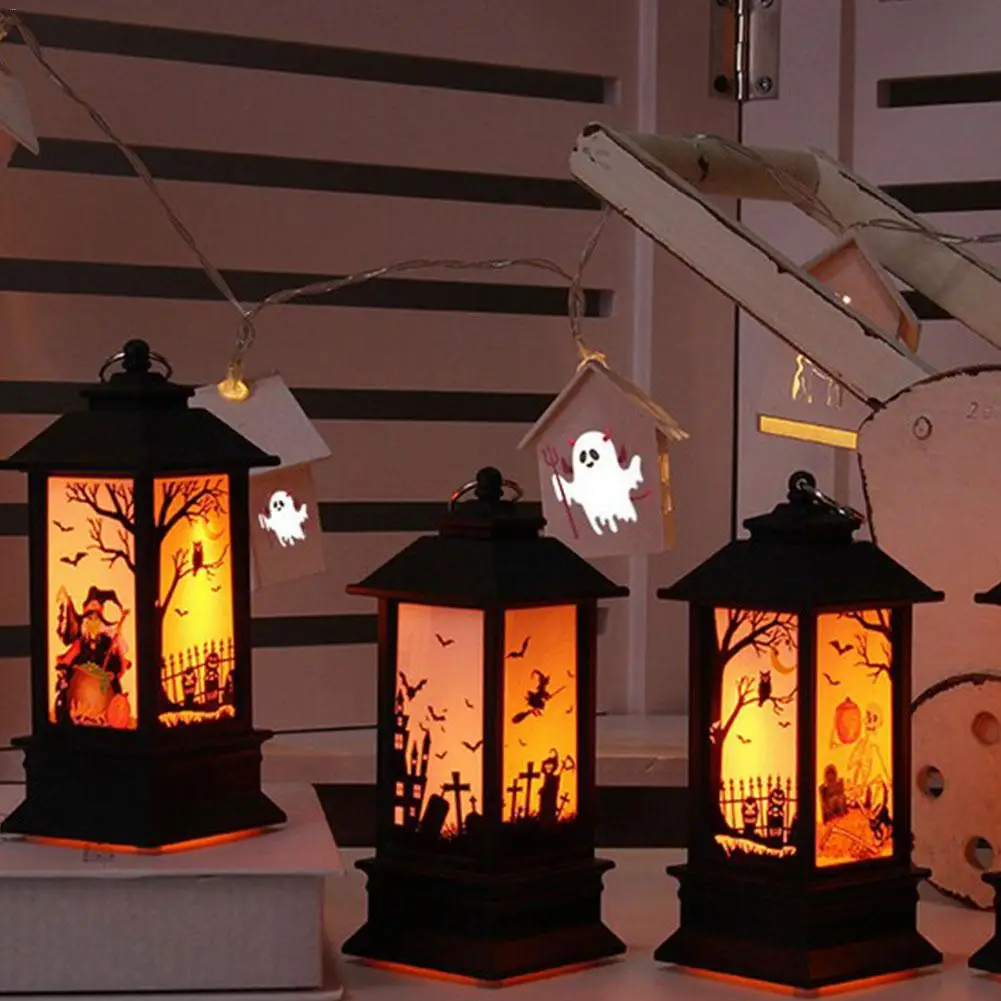 LED Halloween Lantern Lamp Retro Square Lighthouse Portable Pumpkin Lantern Night Light For Holiday Decoration