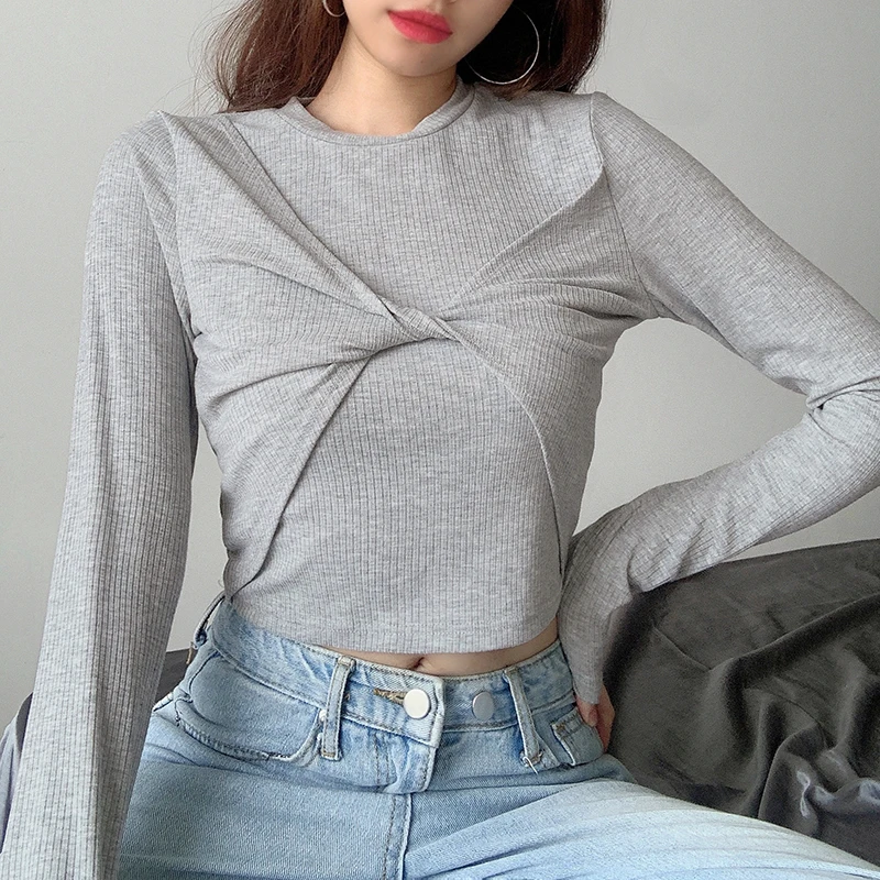 

2020 Fall Knitting Shirt Women Fashion Long-Sleeved Top Fall Wrapped Elastic Casual Party Round Twisted False-2-Piece Clothes