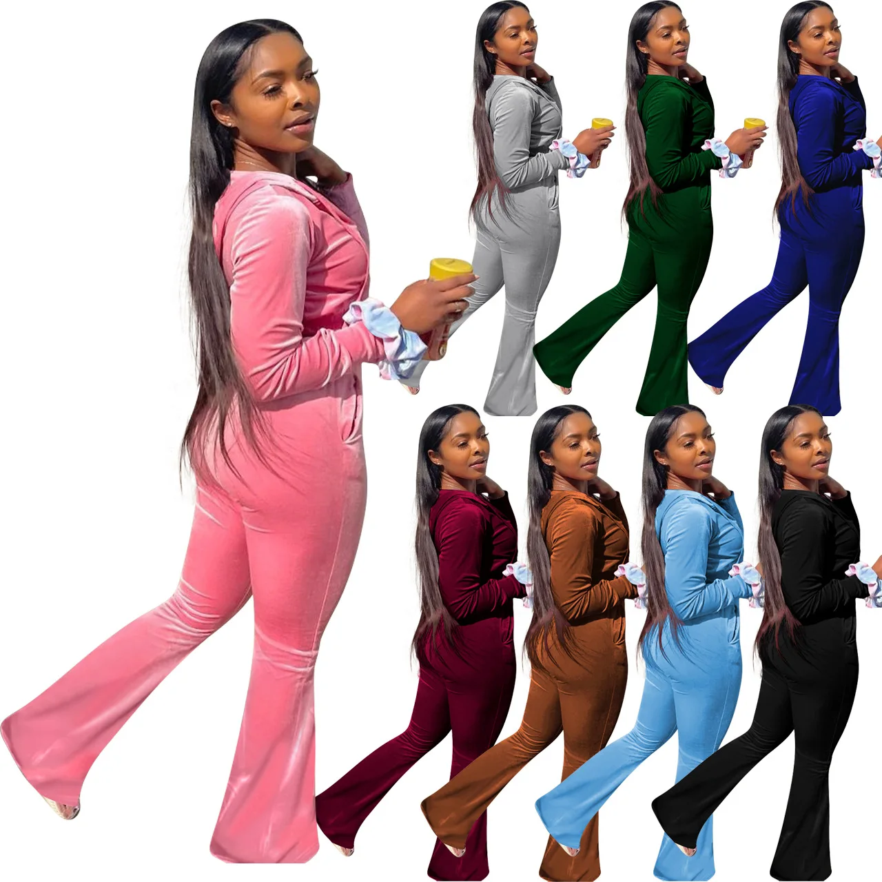 2021 Autumn Winter Women Outdoor Casual Sports Solid Velvet Two Piece Set Crop Top and Flare Pants Tracksuit Sweatsuit Outfits 2021 women autumn round neck leopard patchwork sweatshirt pant sportwear tracksuit women s clothing спортивный костюм