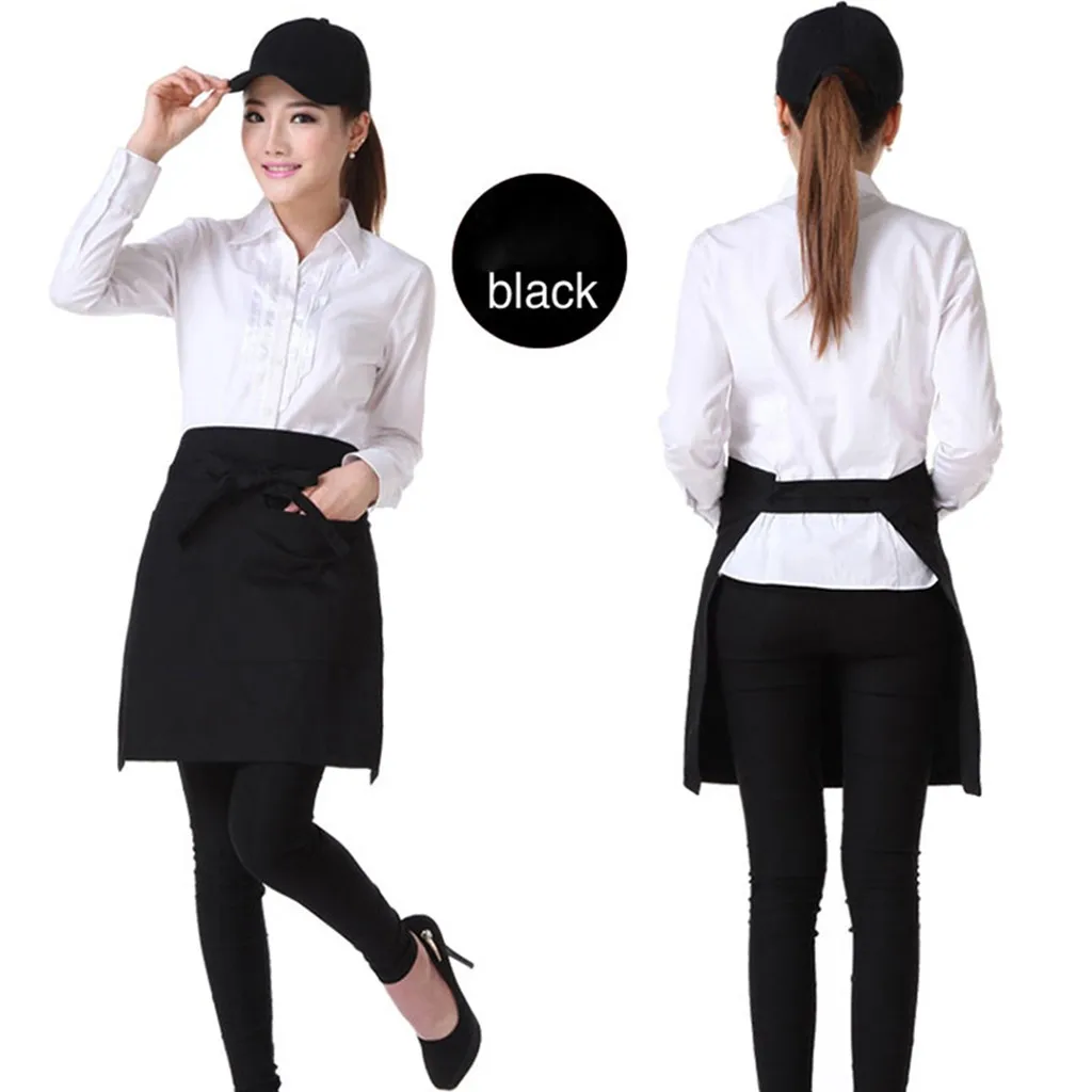 2 Pockets Waist Black Women Apron Waitresses Aprons Kitchen Half Apron New 2020 Brown Baking Waiter Apron Женский фартук #D