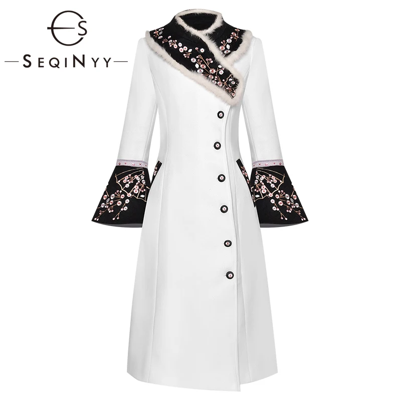 SEQINYY длинное пальто осень зима модный дизайн женский длинный рукав Высокое качество вышитый цветы теплый топ