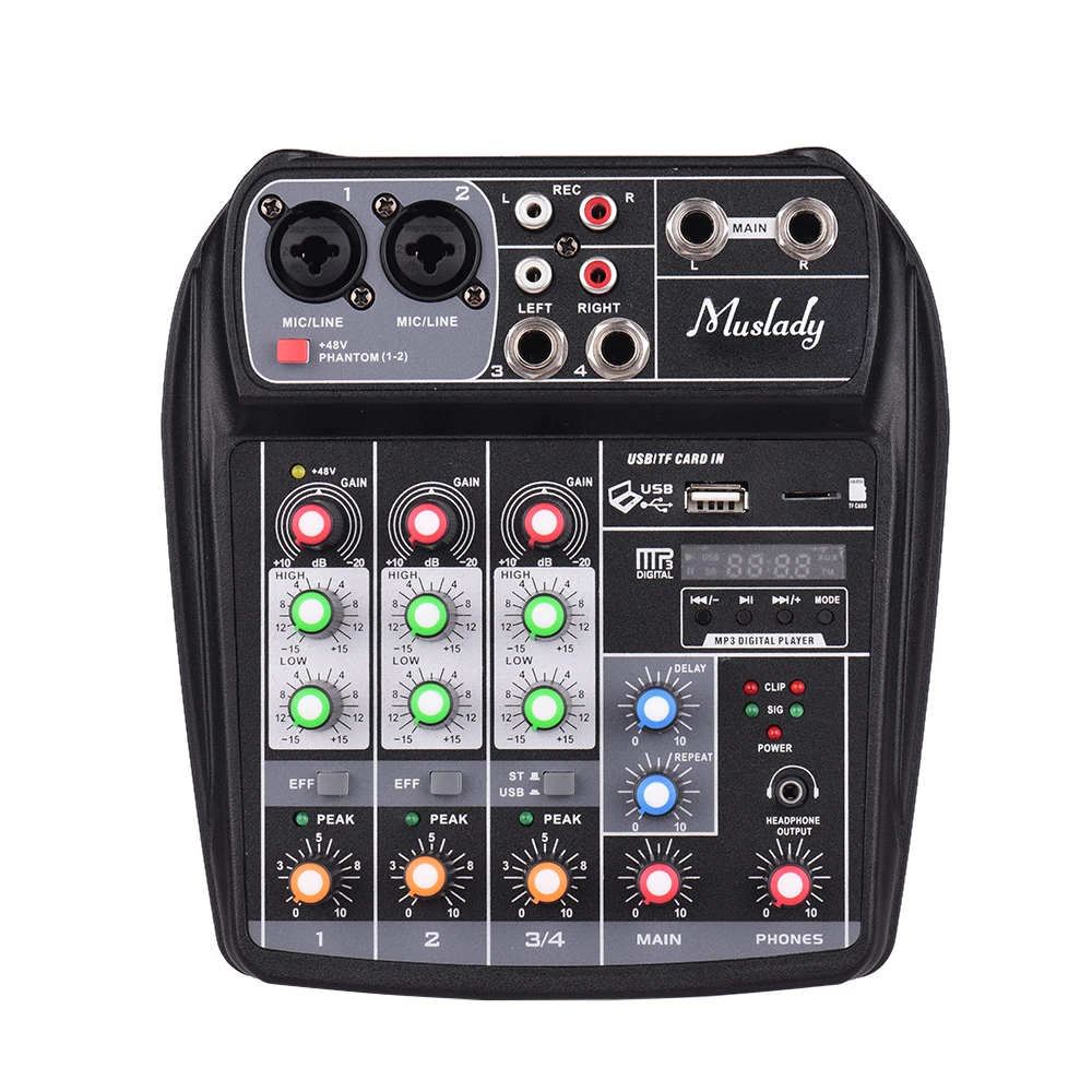

Muslady AI-4 Compact Sound Card Mixing Console Digital Audio Mixer 4-Channel BT MP3 USB Input +48V Phantom Power