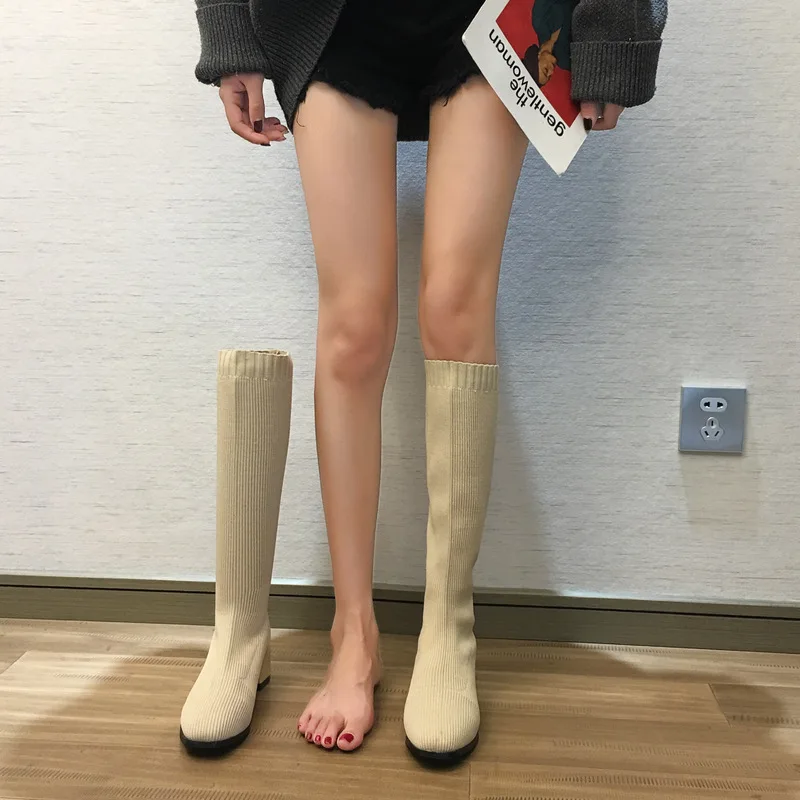

Boots Breathable 2019 Autumn Hose Fly Woven Children Europe And America Boots Women's Suede Chunky-Heel Semi-high Heeled Boots