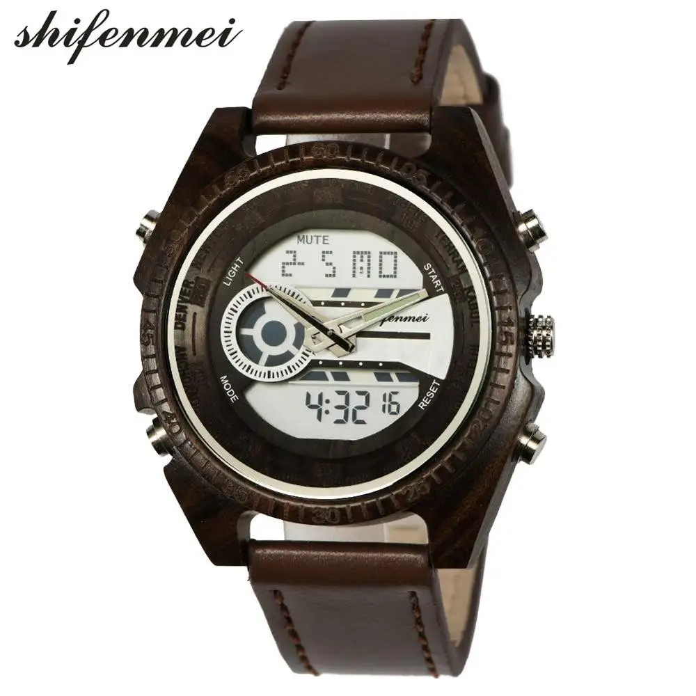 

Shifenmei 2139 Antique Mens Zebra and Ebony Wood Watches with Double Display Business Watch in Wooden digital quartz watch