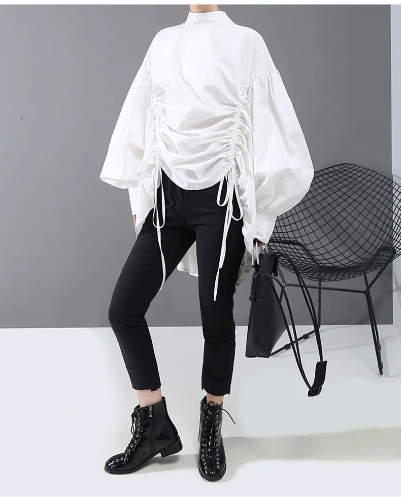  [EAM] Women Back Long Drawstring Big Size Blouse New Satnd Collar Long Sleeve Loose Fit Shirt Fashi