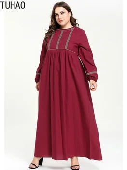 

TUHAO Red Lady Long Vestidos 2019 Autumn Women Muslim Robe Geometric Embroidered Loose Lantern Sleeve Plus Size Dresses LW243