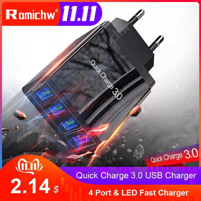 Romichw USB зарядное устройство Быстрая зарядка 3 0 быстрое QC3.0 мульти штекер Адаптер