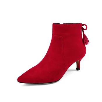 

Women's ankle boots sheep suede fabric 5CM high heel pointed bow decoration autumn winter fashion handmade shoes women's booties