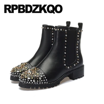 

10 slip on designer waterproof black chelsea rivet women ankle boots 2019 round toe stud big size 34 metal shoes chunky spike
