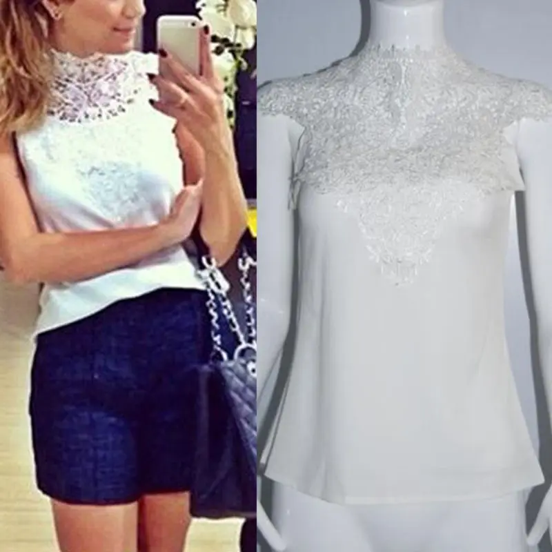 

Sexy Women White lace blouse sleeveless backless blusas femininas camisas branca feminino feminine shirts festa