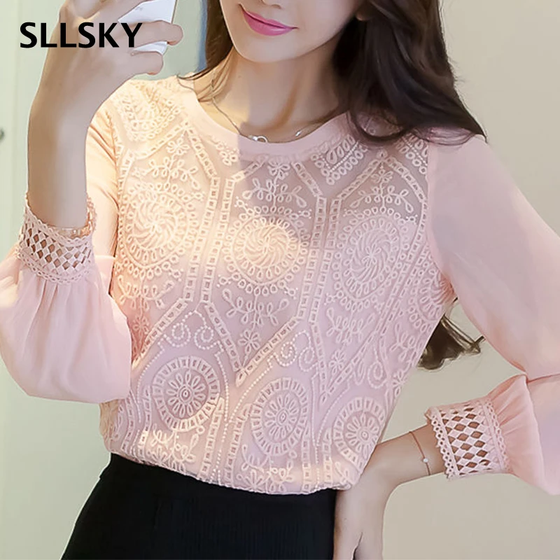  SLLSKY Lace Openwork Bottoming Shirt Women's Spring Autumn New Loose Elegant Long-Sleeved Round nec